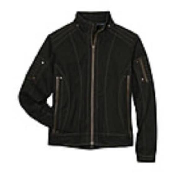 KUHL Moto-Vation Black Fleece Brown Leather Trim Full Zip Jacket Pockets sz M - Picture 3 of 14